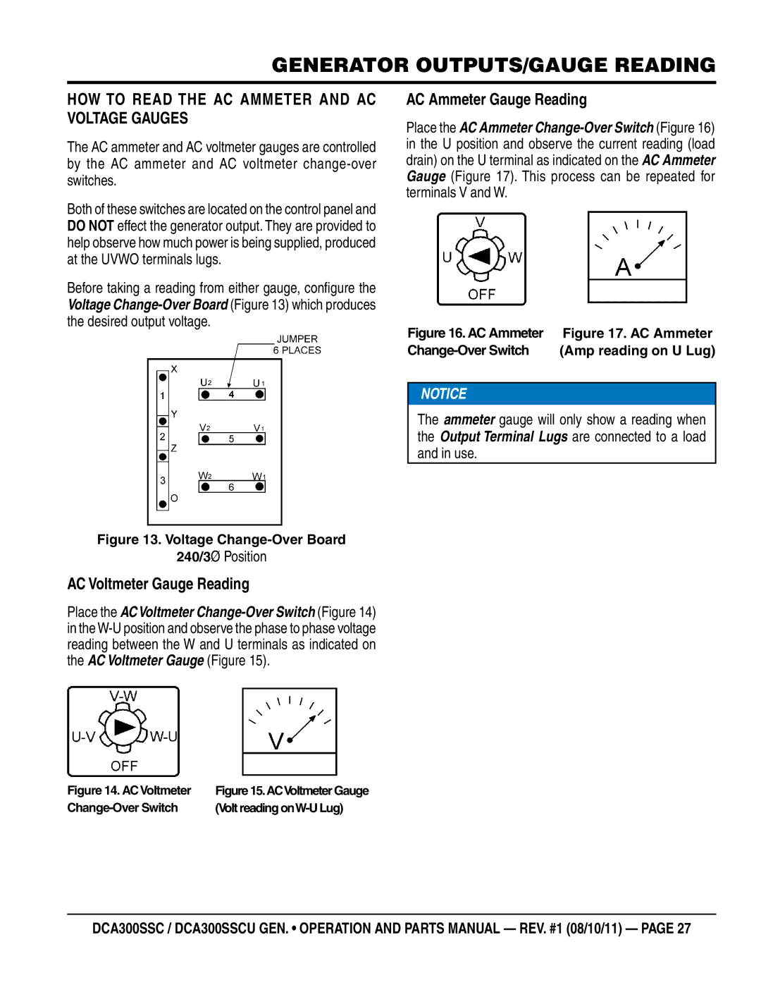Multiquip DCA300SSCU Generator OUTPUTS/gauge reading, How to Read the ac ammeter and ac voltage gauges, 240/3Ø Position 