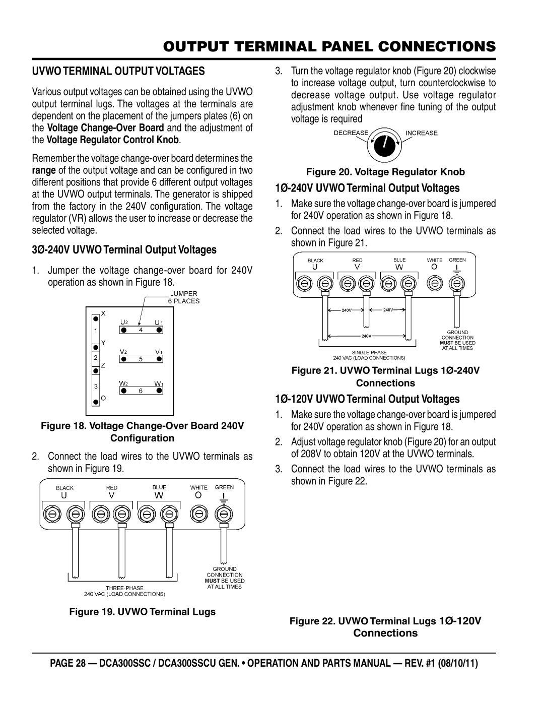 Multiquip DCA300SSCU manual 3Ø-240V Uvwo Terminal Output Voltages, 1Ø-240V Uvwo Terminal Output Voltages 