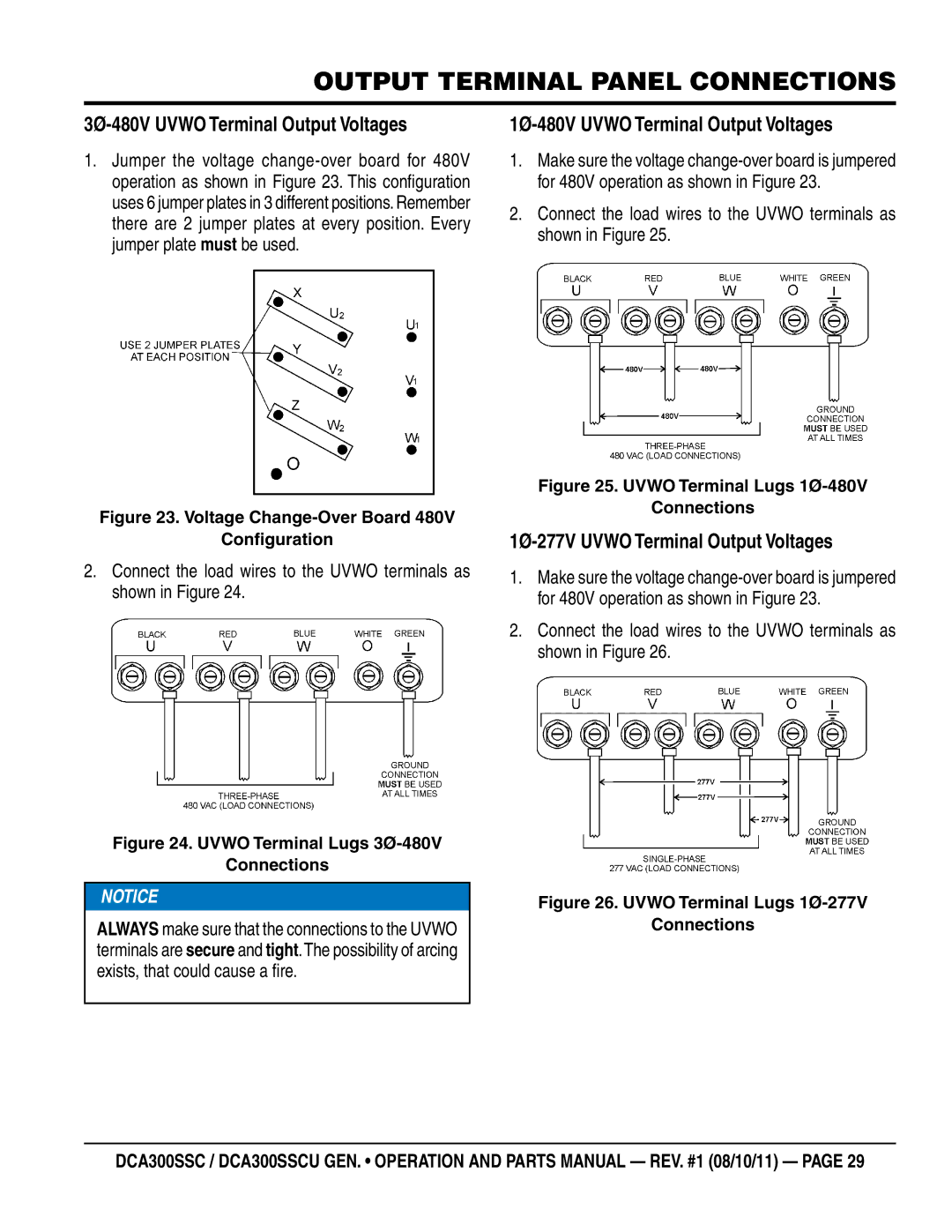 Multiquip DCA300SSCU manual 3Ø-480V Uvwo Terminal Output Voltages, 1Ø-480V Uvwo Terminal Output Voltages 