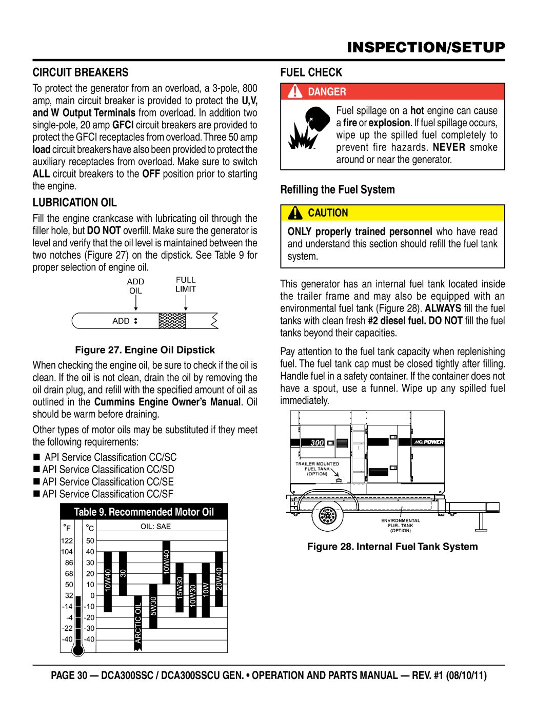 Multiquip DCA300SSCU manual Inspection/SETUP, Circuit Breakers, Lubrication Oil, Fuel Check, Refilling the Fuel System 