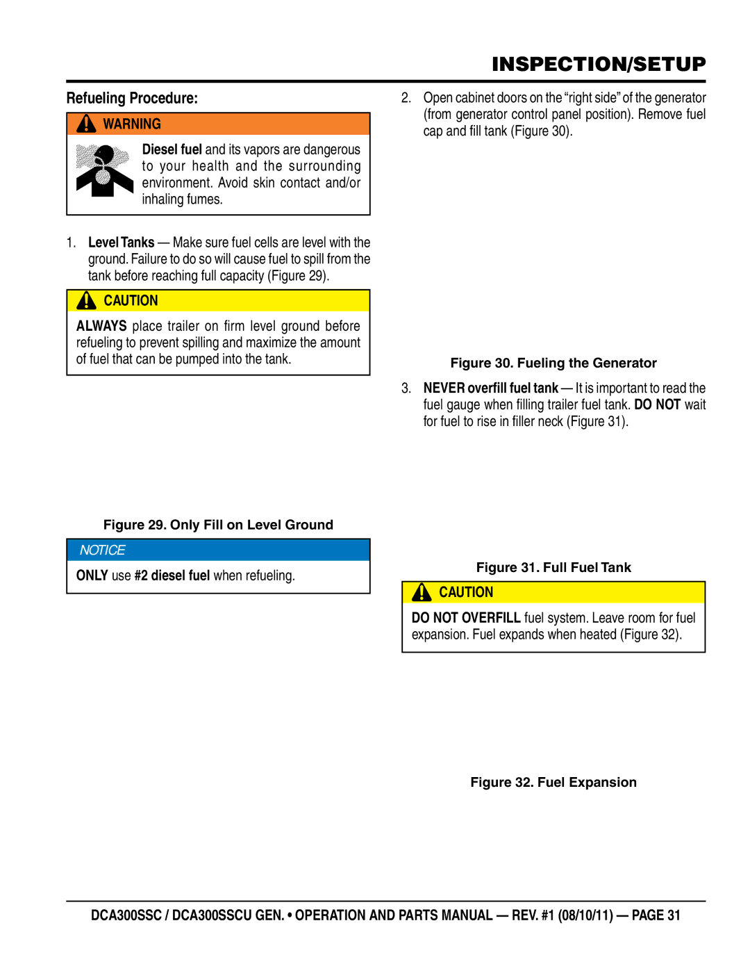 Multiquip DCA300SSCU manual Refueling Procedure, Only use #2 diesel fuel when refueling 