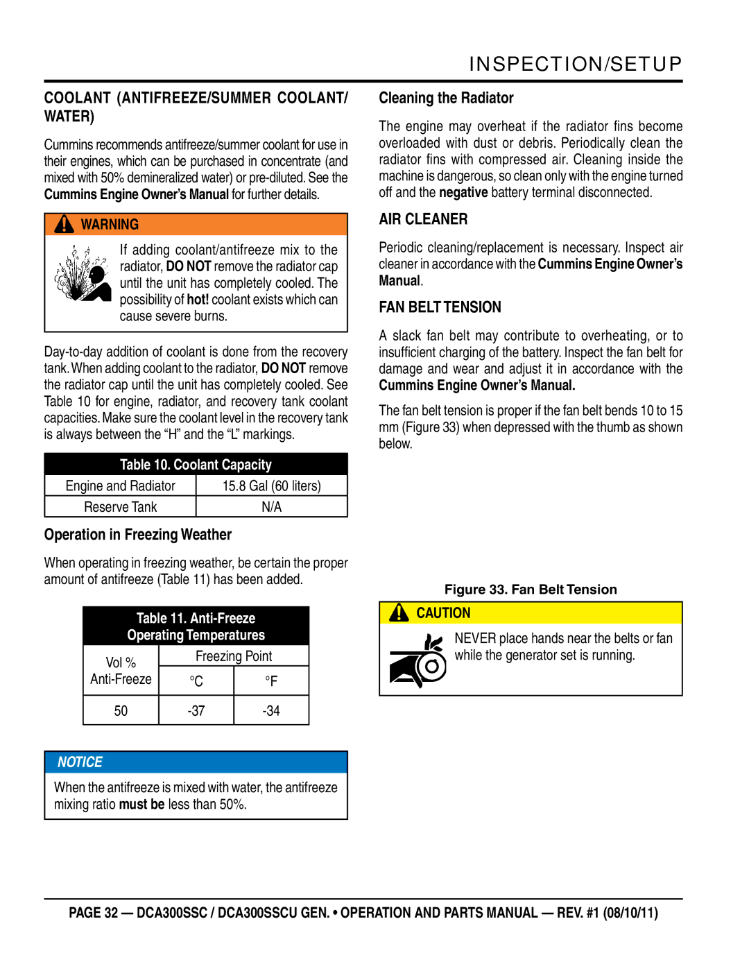 Multiquip DCA300SSCU manual Coolant Antifreeze/Summer Coolant/ Water, Operation in Freezing Weather, Cleaning the Radiator 