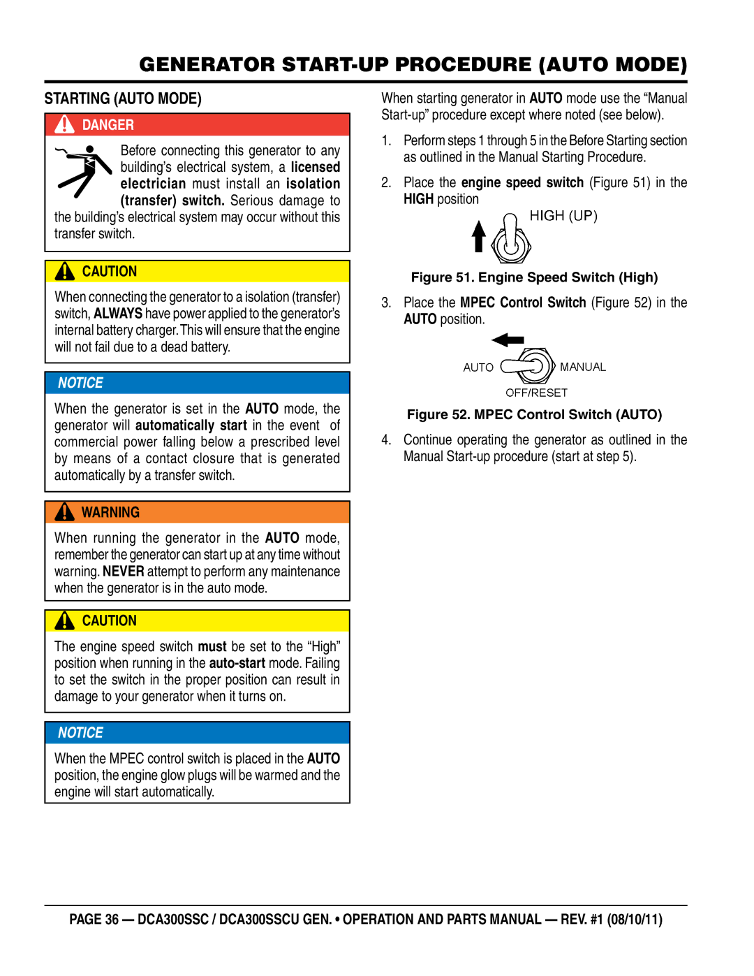 Multiquip DCA300SSCU manual Starting Auto Mode, Before connecting this generator to any 