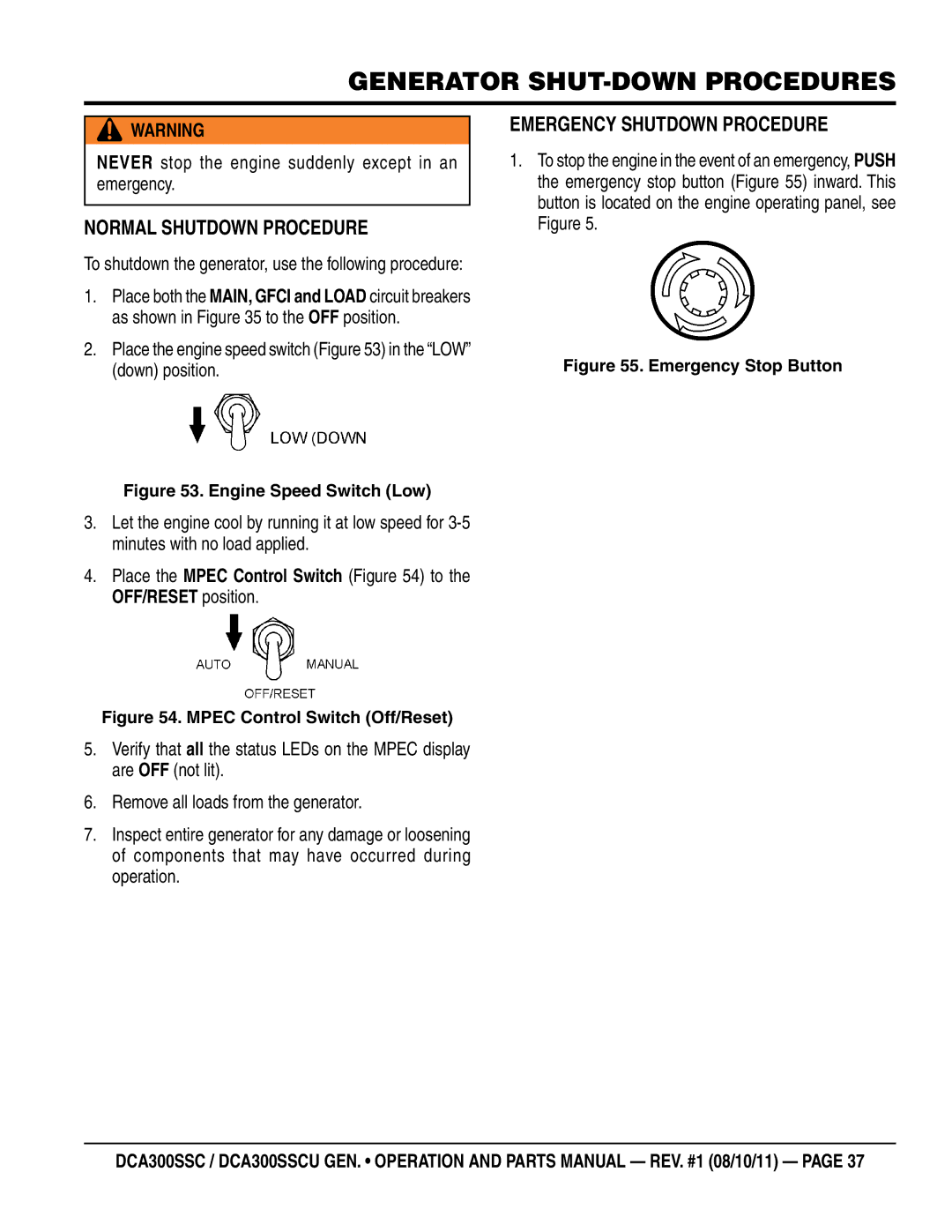 Multiquip DCA300SSCU manual Normal Shutdown Procedure, Emergency Shutdown Procedure 