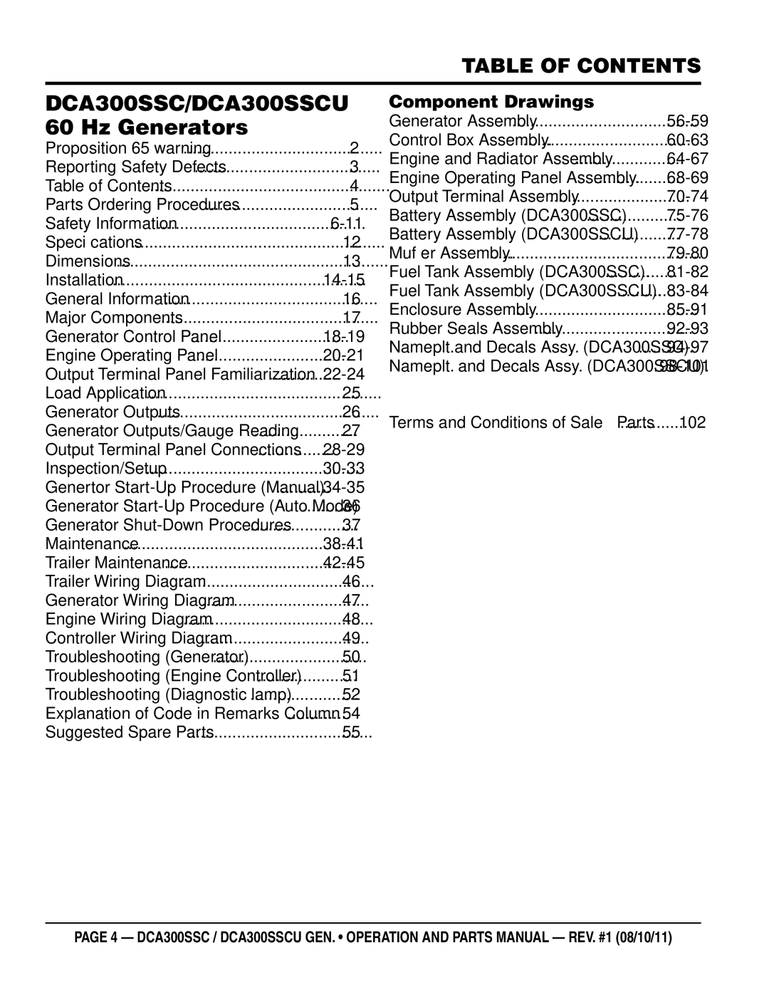 Multiquip manual DCA300SSC/DCA300SSCU 60 Hz Generators, Table of Contents 