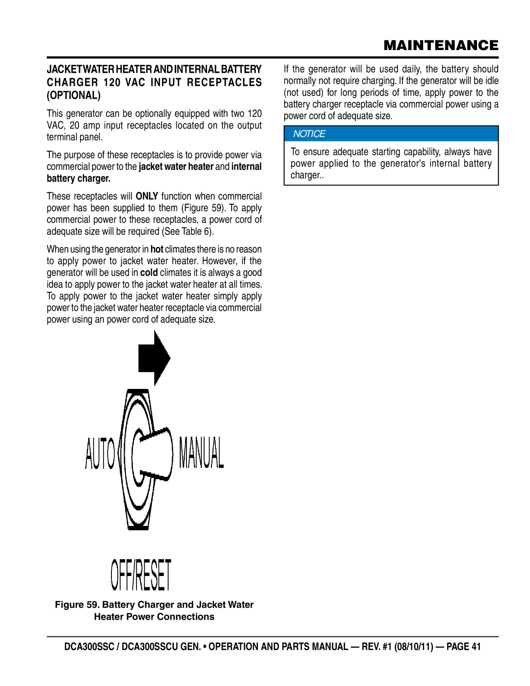 Multiquip DCA300SSCU manual Battery Charger and Jacket Water Heater Power Connections 