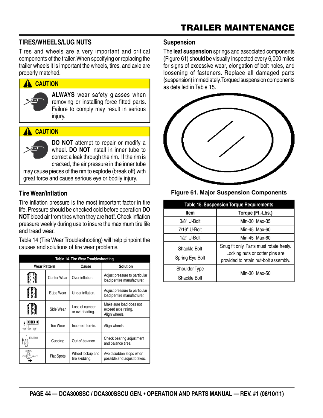 Multiquip DCA300SSCU manual Tires/Wheels/Lug Nuts, Tire Wear/Inflation, Suspension 