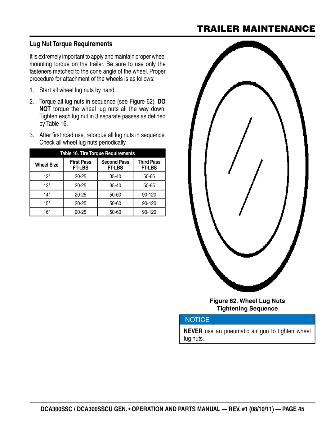 Multiquip DCA300SSCU manual Lug Nut Torque Requirements, Never use an pneumatic air gun to tighten wheel lug nuts 