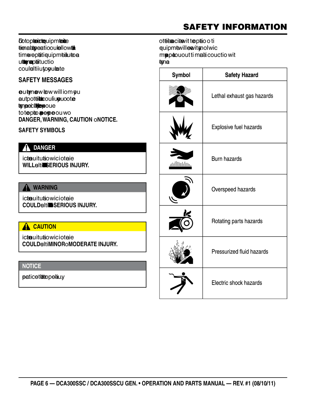 Multiquip DCA300SSCU manual Safety Information, SaFetY meSSageS 