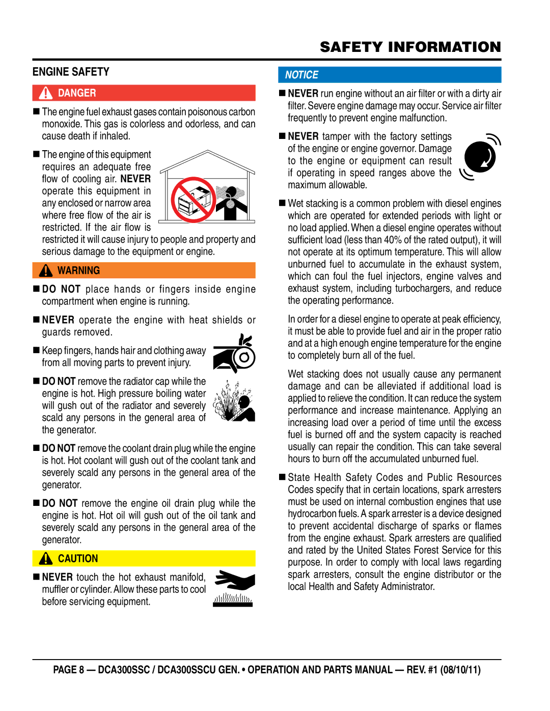 Multiquip DCA300SSCU manual Engine SaFetY, Restricted. If the air fl ow is 