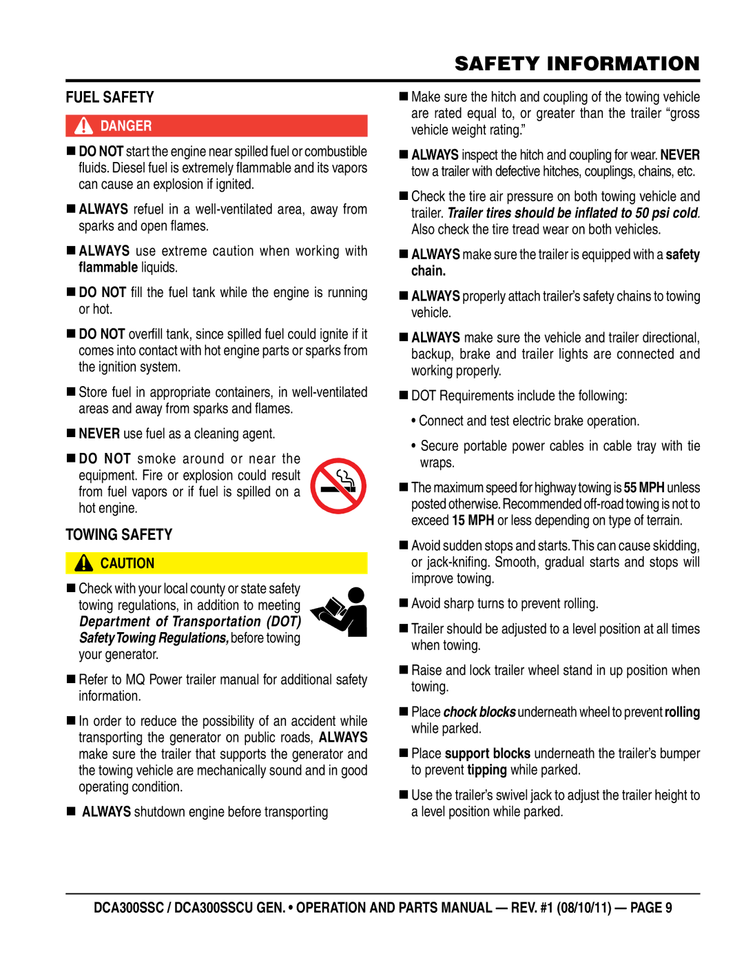 Multiquip DCA300SSCU manual FUel SaFetY, ToWing SaFetY, „ never use fuel as a cleaning agent 