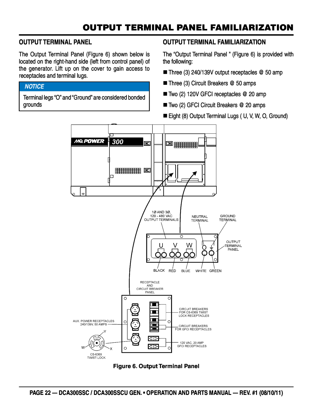 Multiquip DCA300SSCU manual Output Terminal Panel Familiarization, Output Terminal Familiarization 