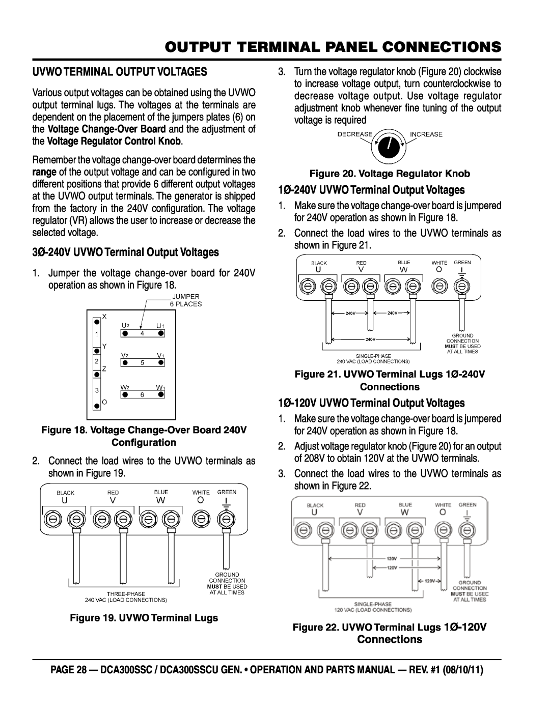 Multiquip DCA300SSCU manual Output Terminal Panel Connections, UVWO Terminal Output Voltages, Voltage Regulator Knob 