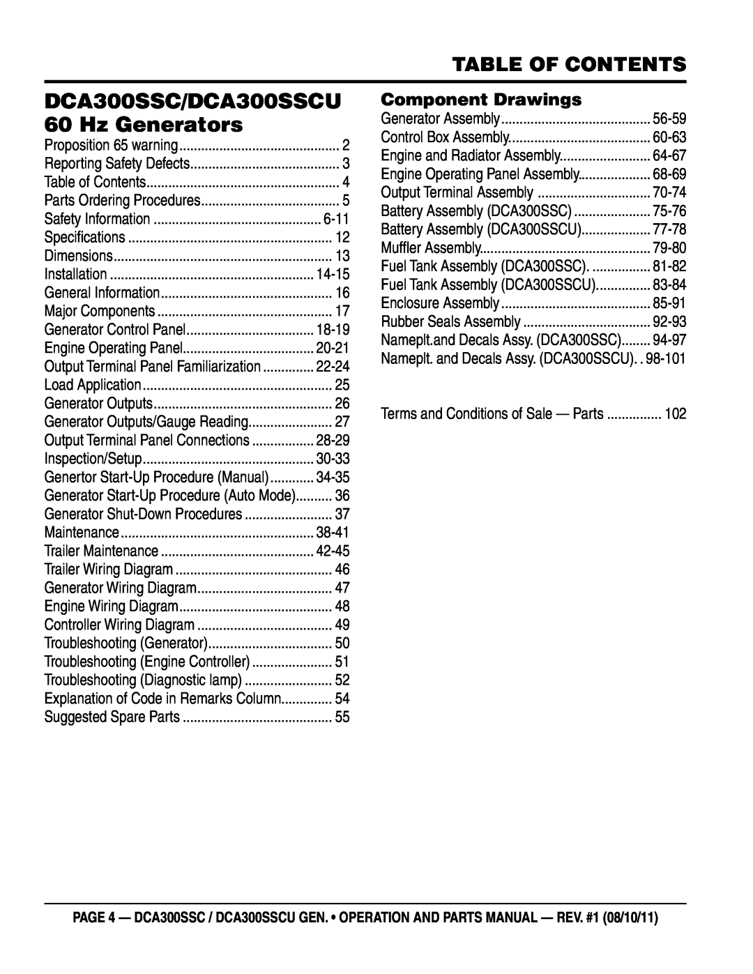 Multiquip manual Table of Contents, Component Drawings, DCA300SSC/DCA300SSCU 60 Hz Generators 