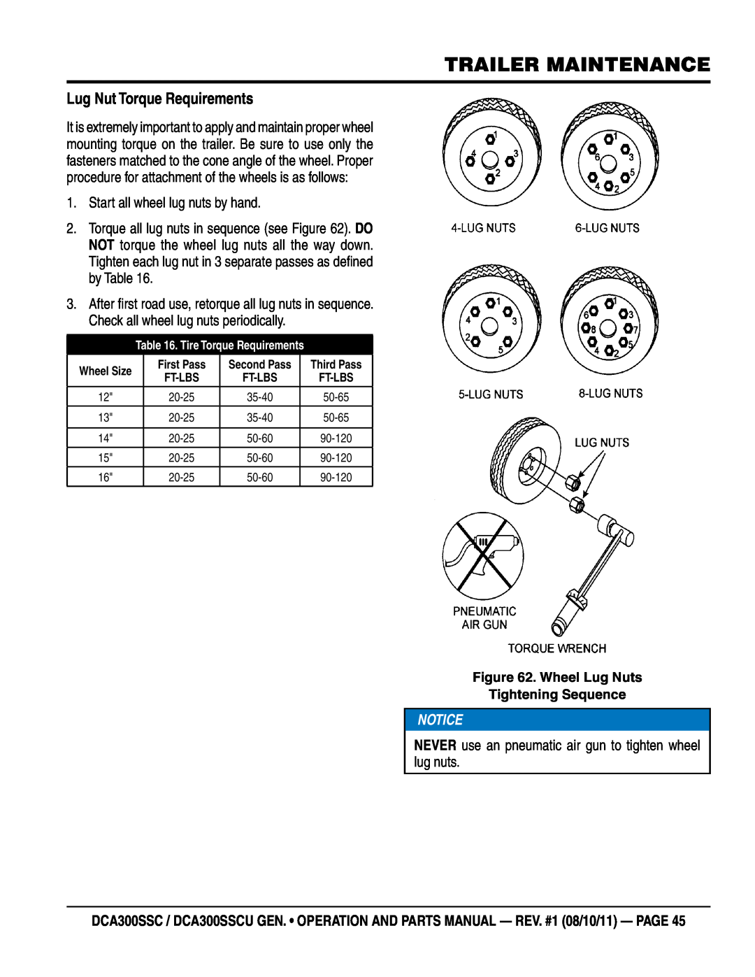 Multiquip DCA300SSCU Lug Nut Torque Requirements, Trailer Maintenance, Wheel Lug Nuts Tightening Sequence, Wheel Size 
