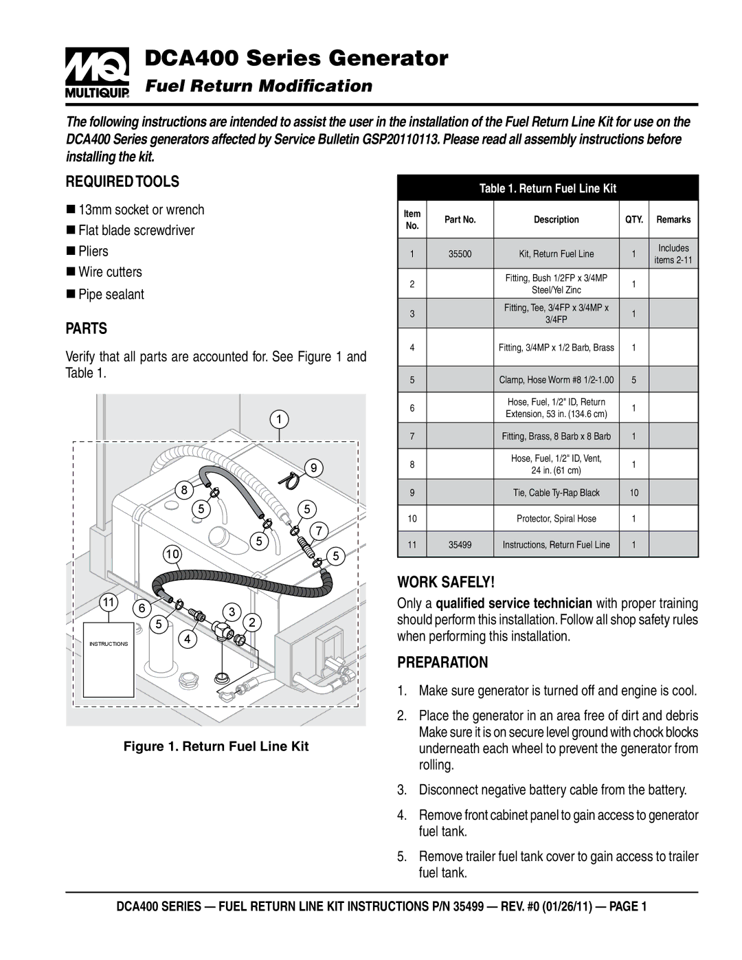 Multiquip DCA400 manual Required tools, Parts, Work safely, Preparation 