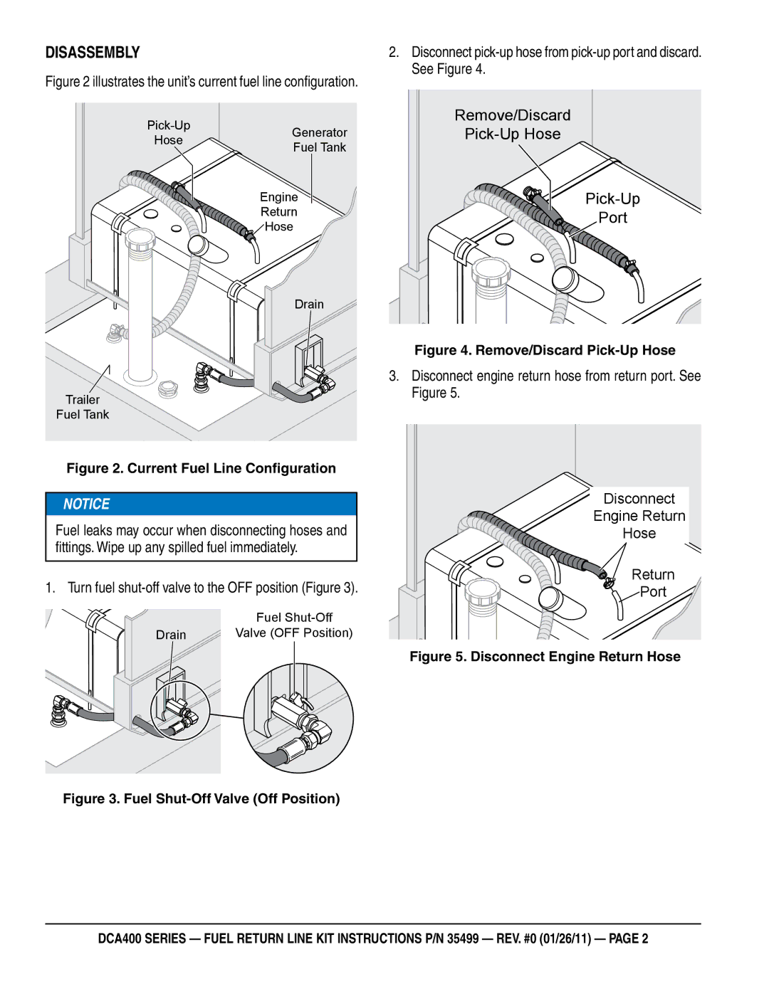 Multiquip DCA400 Disassembly, Remove/Discard Pick-Up Hose Port, Disconnect engine return hose from return port. See Figure 