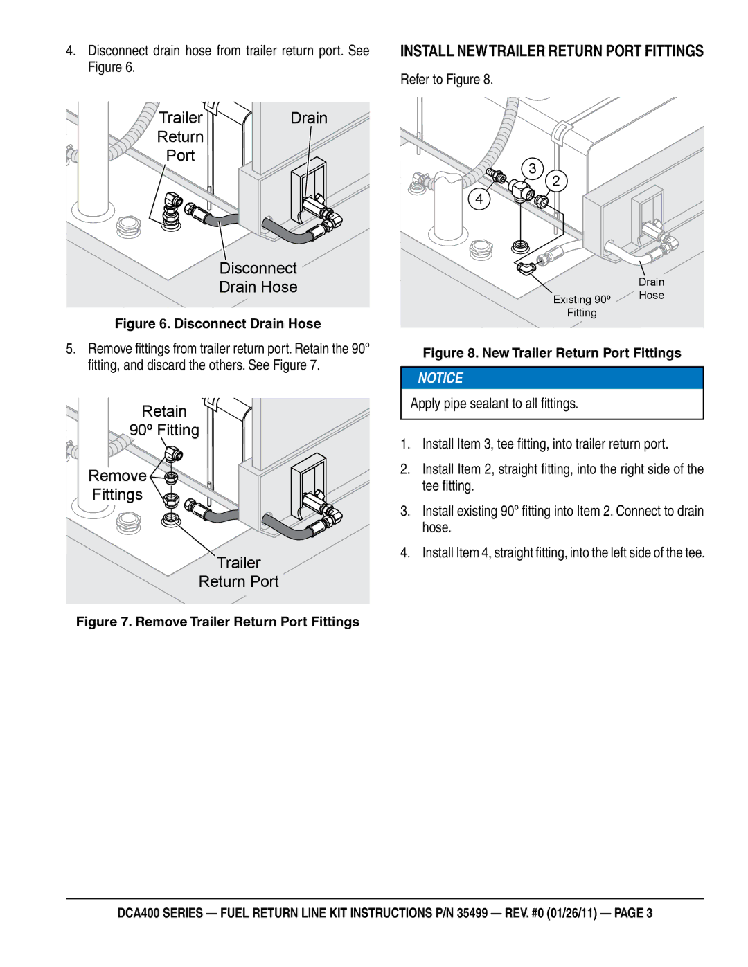 Multiquip DCA400 Install Newtrailer return port fittings, Trailer Drain Return Port Disconnect Drain Hose, Refer to Figure 