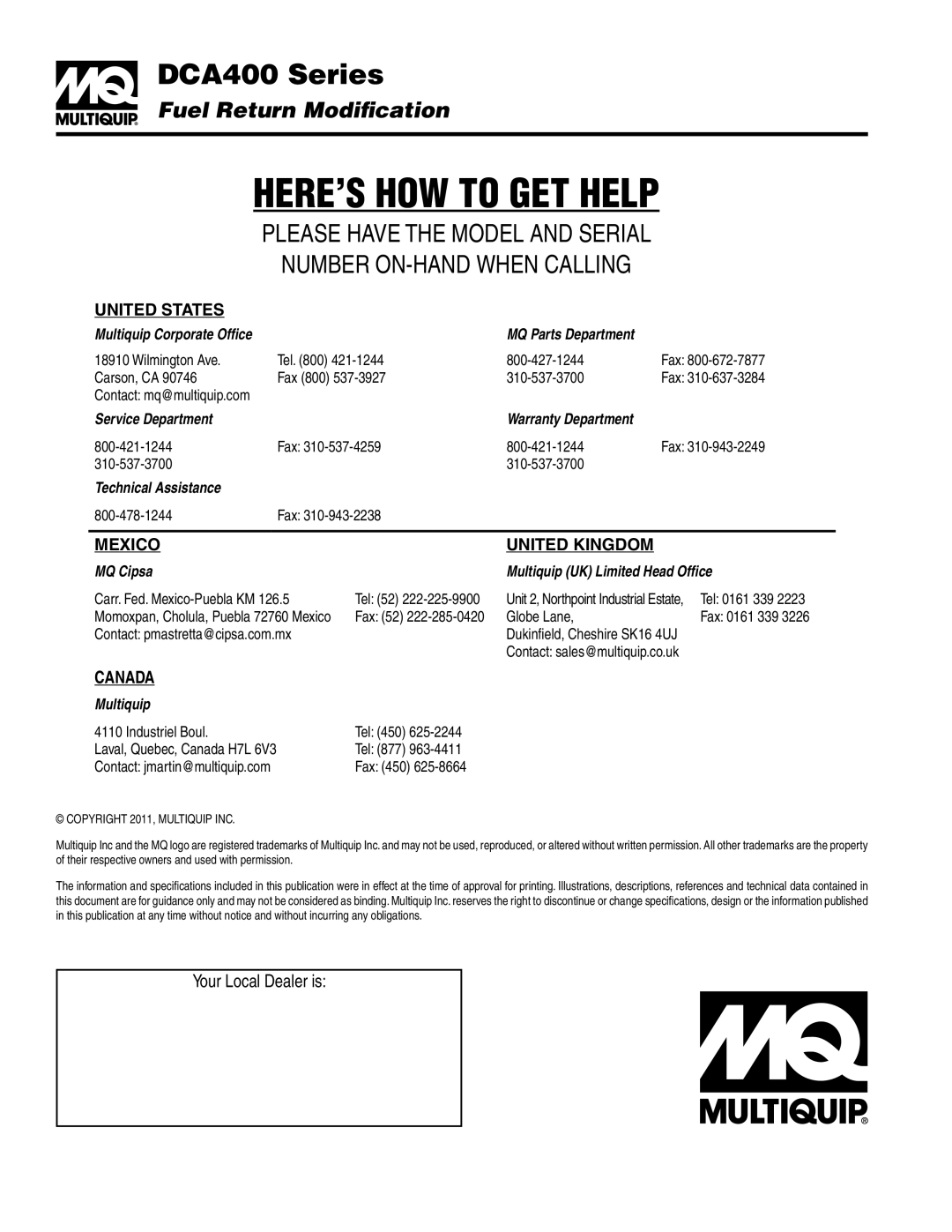 Multiquip DCA400 manual HERE’S HOW to GET Help 