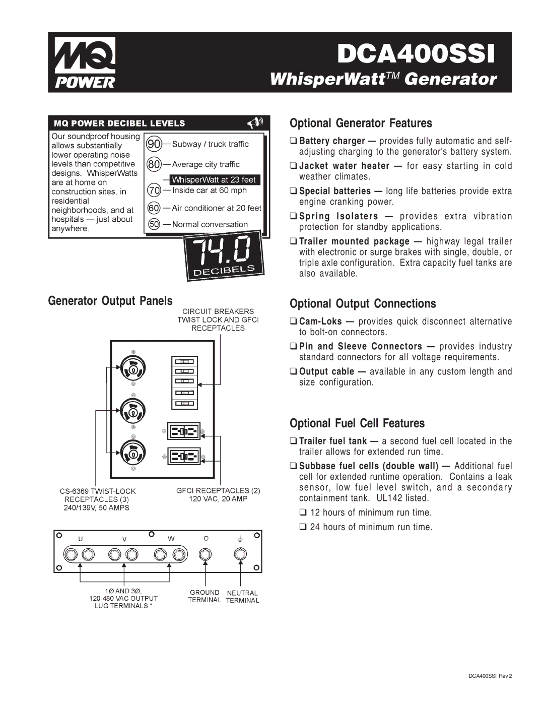 Multiquip DCA400SSI manual Optional Generator Features, Generator Output Panels Optional Output Connections 