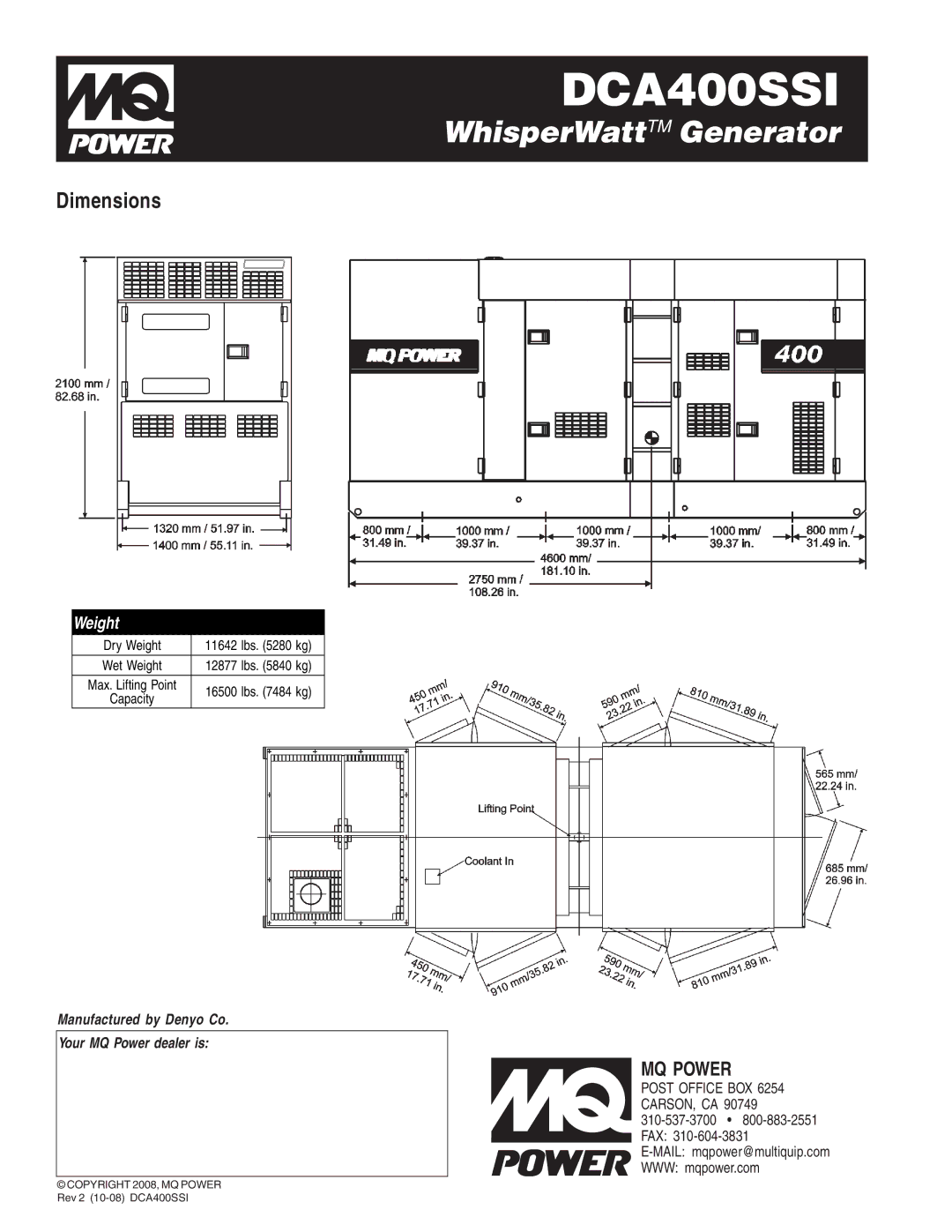 Multiquip DCA400SSI manual Dimensions, Weight 