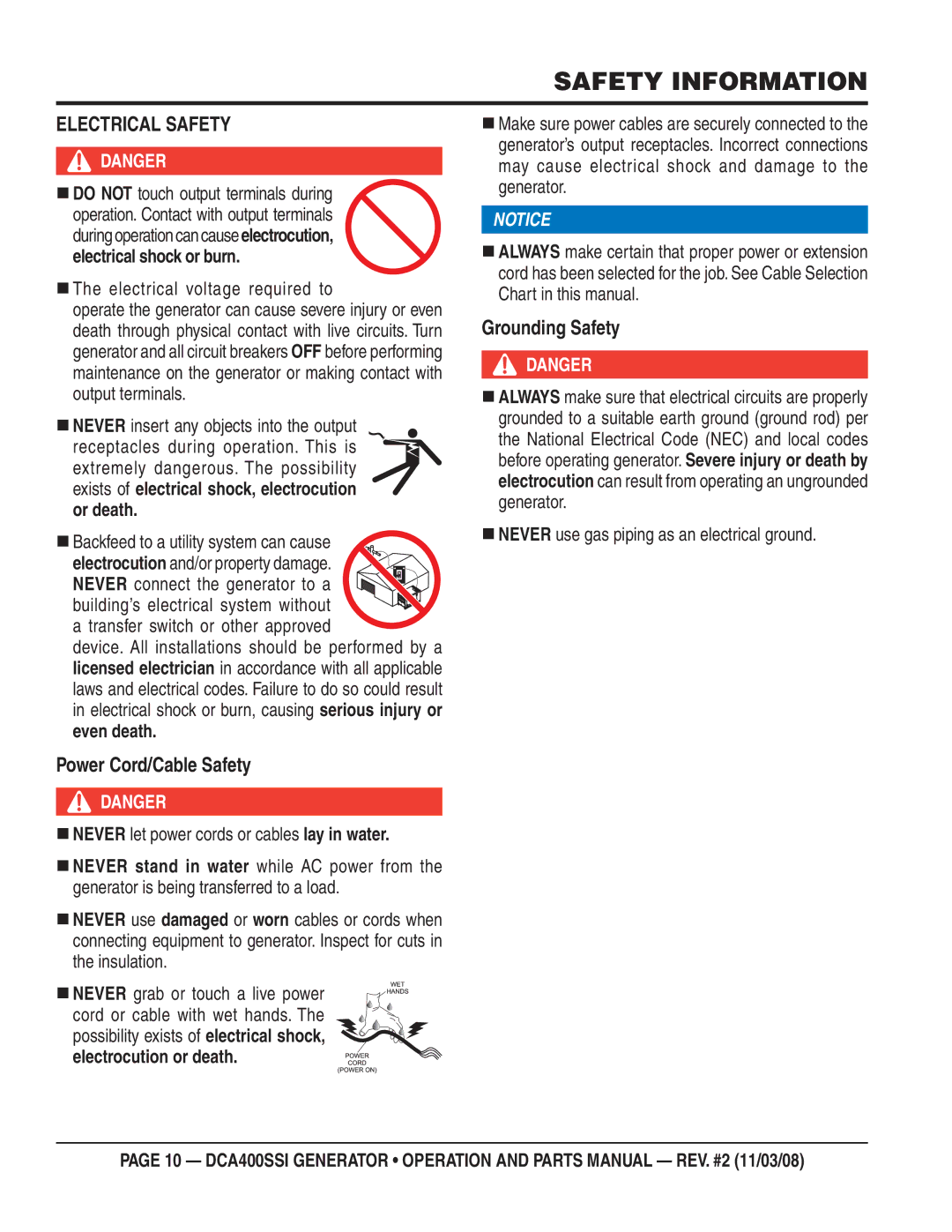 Multiquip DCA400SSI Electrical Safety, Grounding Safety, Power Cord/Cable Safety,  The electrical voltage required to 