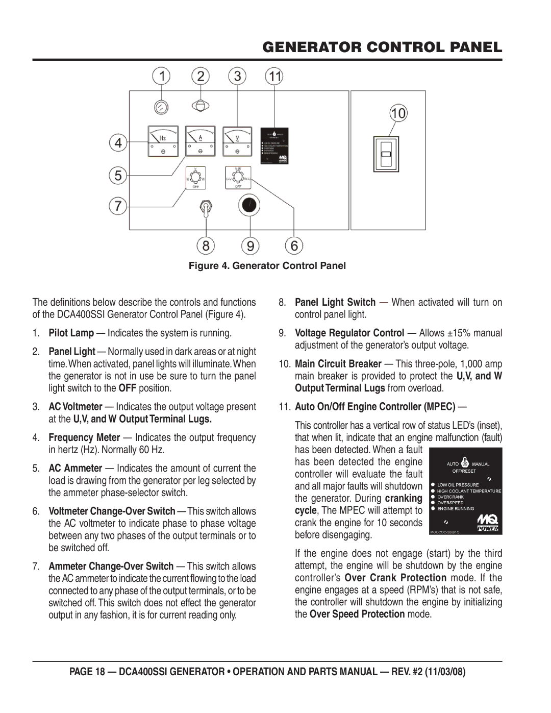 Multiquip DCA400SSI manual Generator Control Panel, Pilot Lamp Indicates the system is running 