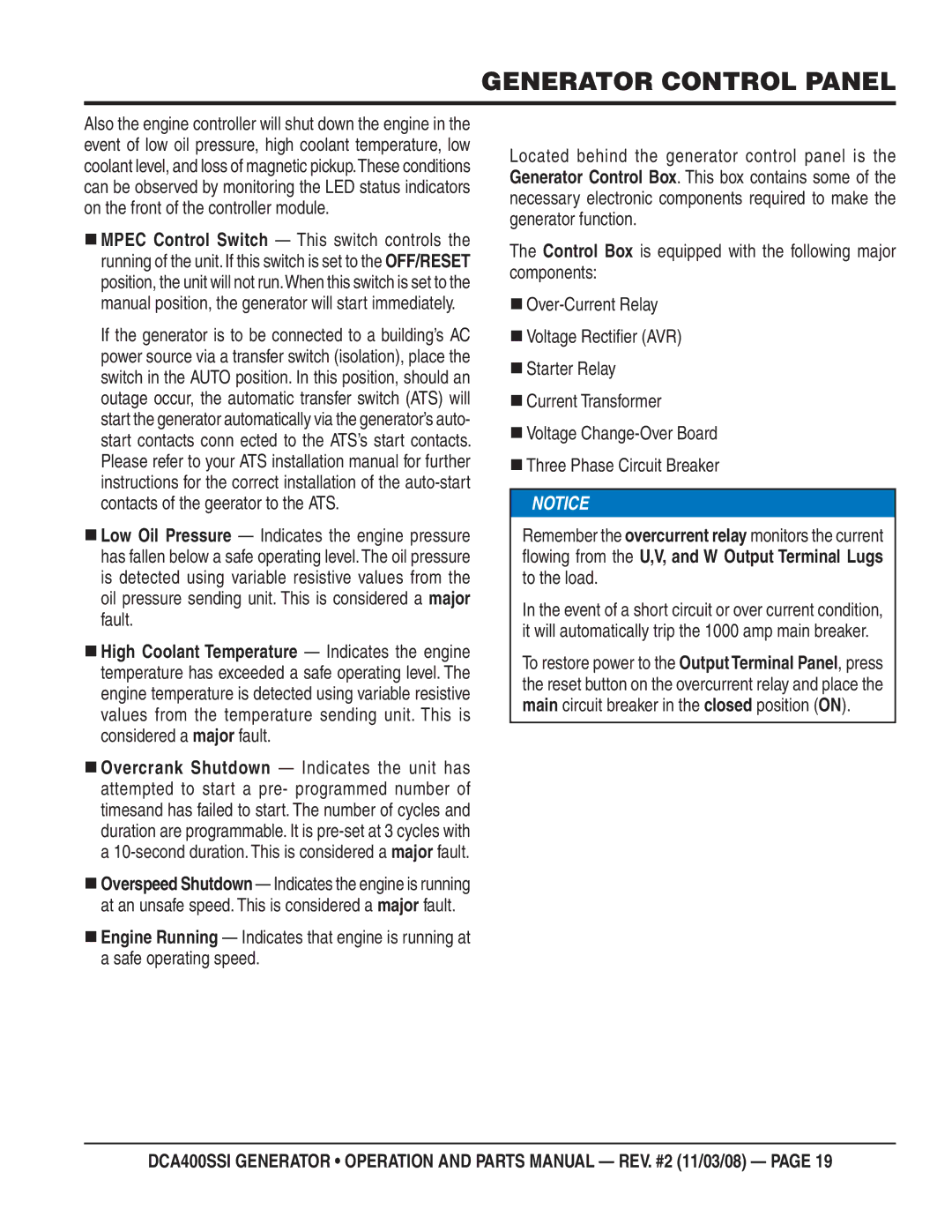 Multiquip DCA400SSI manual Owing from the U,V, and W Output Terminal Lugs to the load 