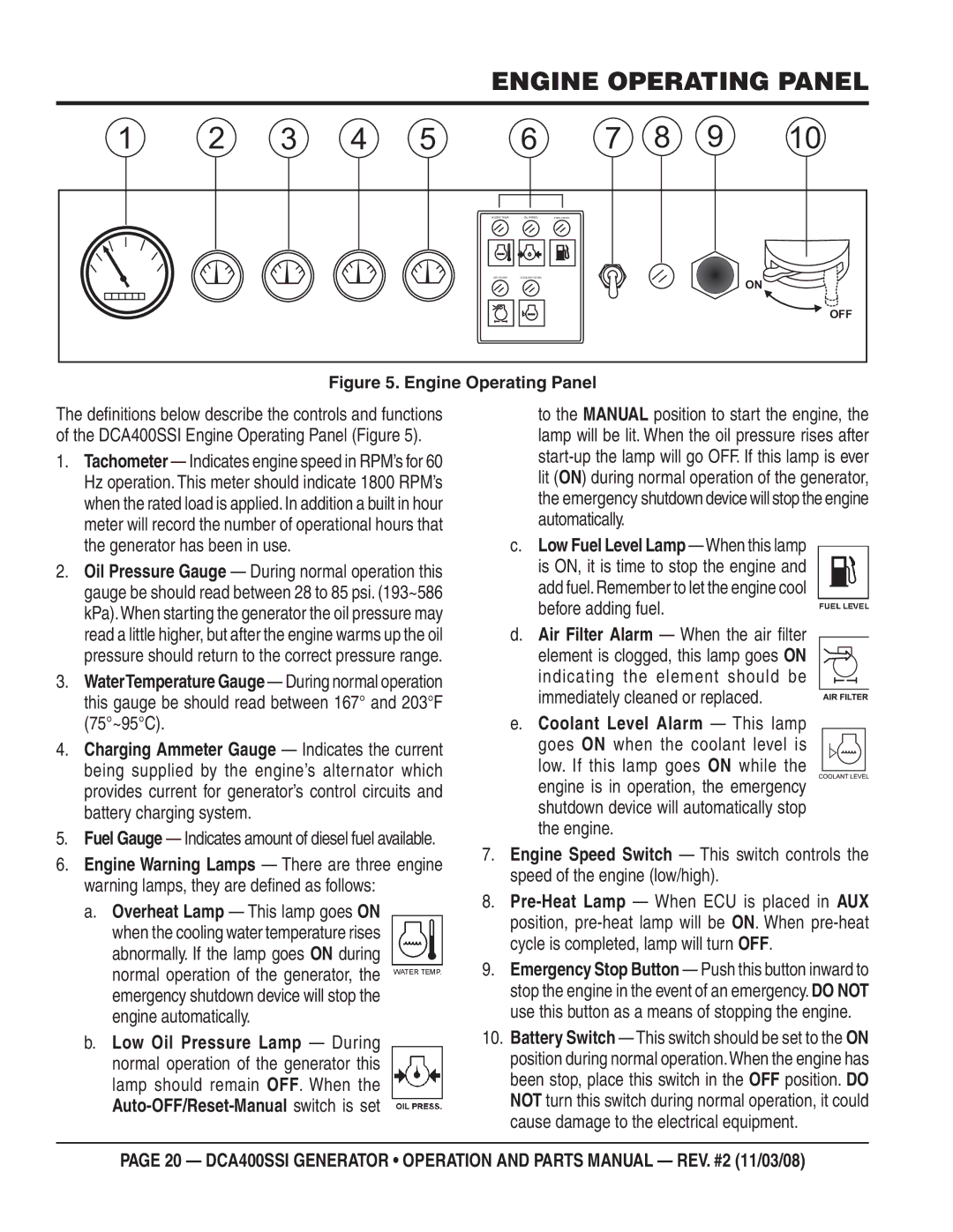 Multiquip DCA400SSI manual Engine Operating Panel, Air Filter Alarm When the air ﬁ lter 