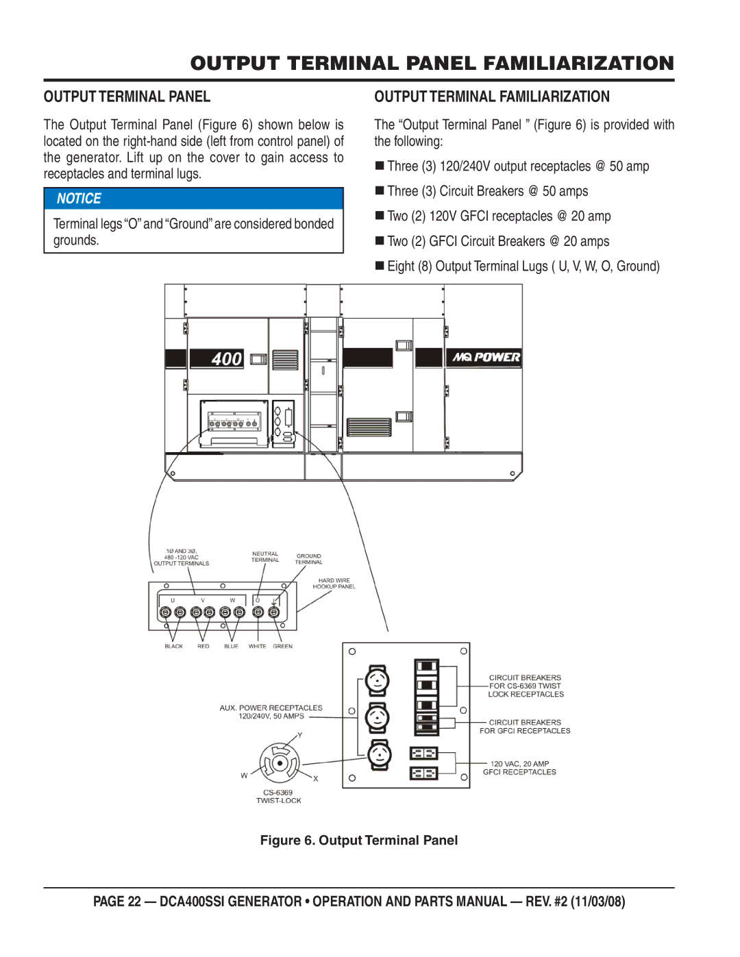 Multiquip DCA400SSI manual Output Terminal Panel Familiarization, Output Terminal Familiarization 