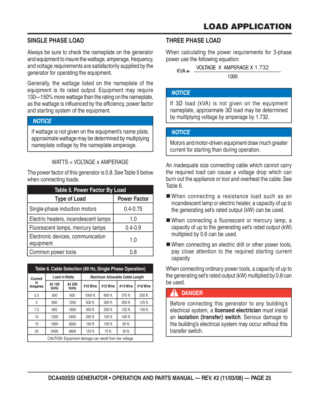 Multiquip DCA400SSI manual Load Application, Single Phase Load, Three Phase Load 