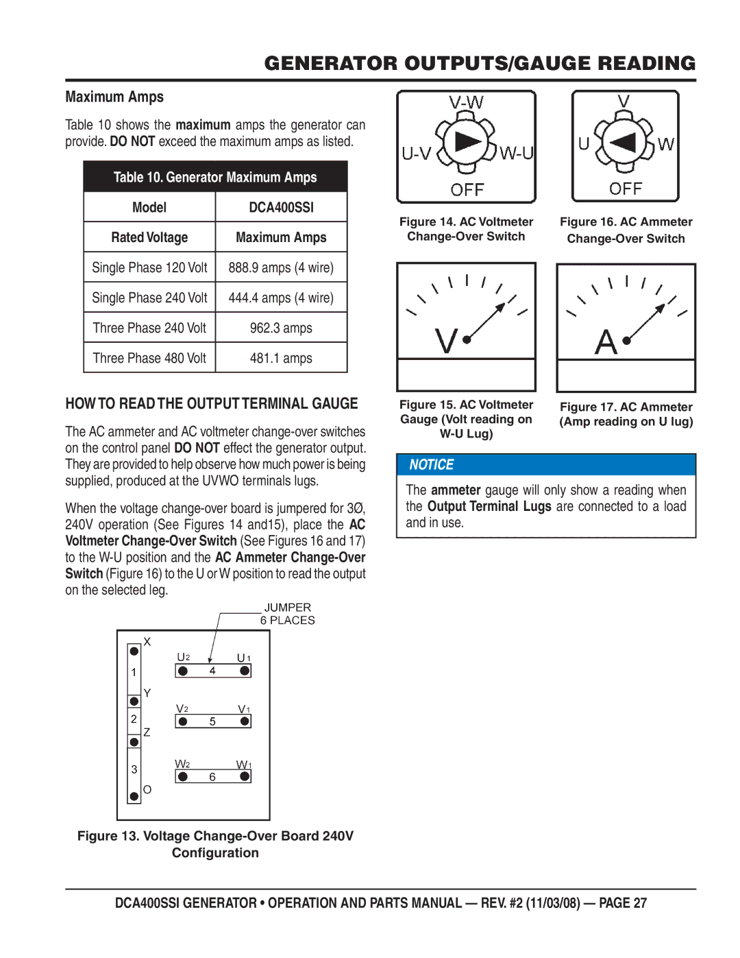 Multiquip DCA400SSI manual Generator OUTPUTS/GAUGE Reading, Maximum Amps 