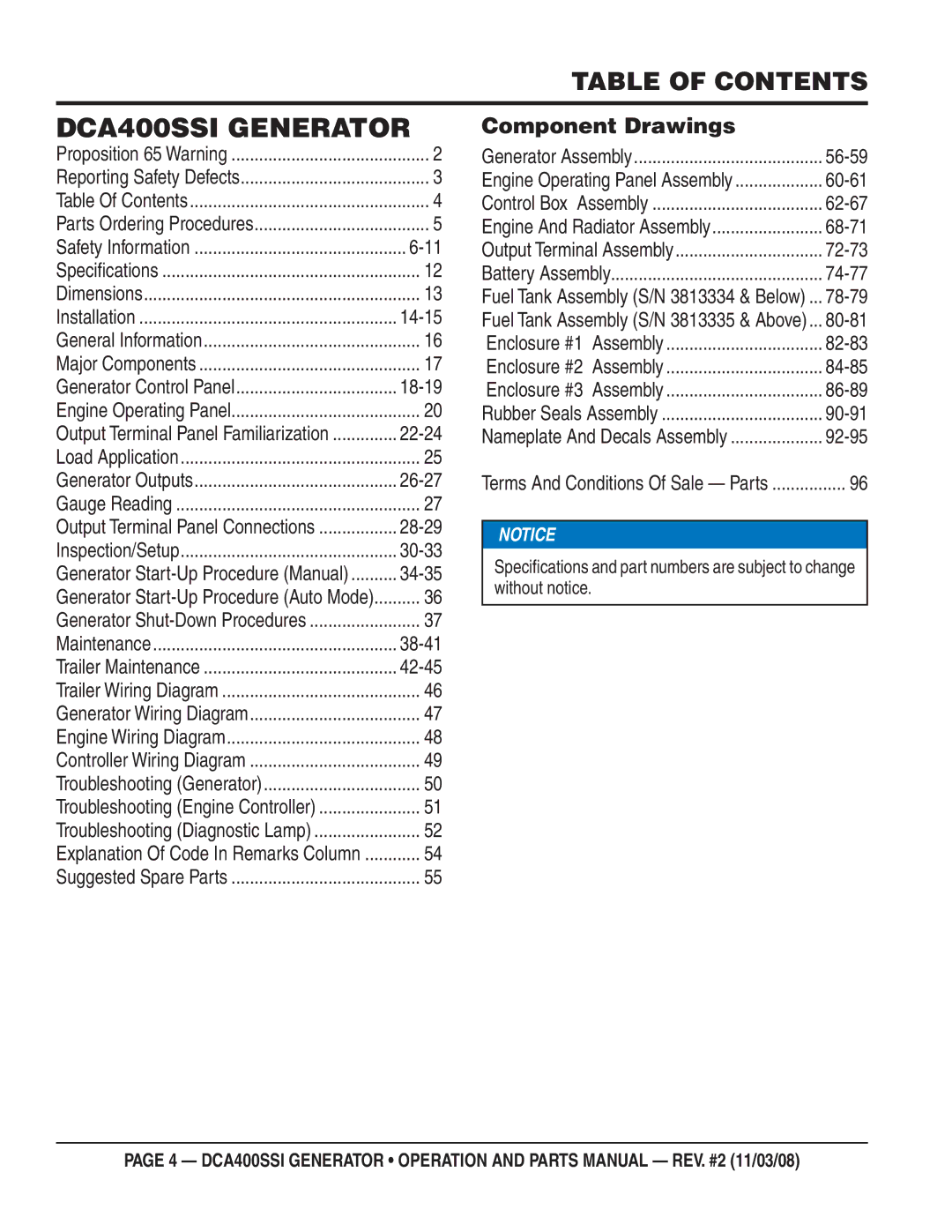 Multiquip manual DCA400SSI Generator, Table of Contents 