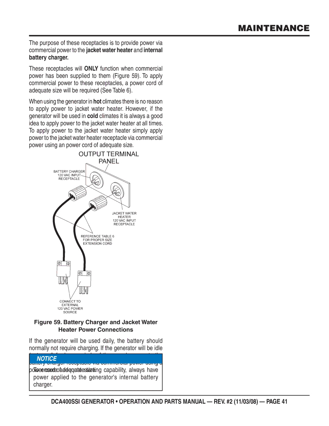 Multiquip DCA400SSI manual Not used for long periods of time, apply power to, Charger 