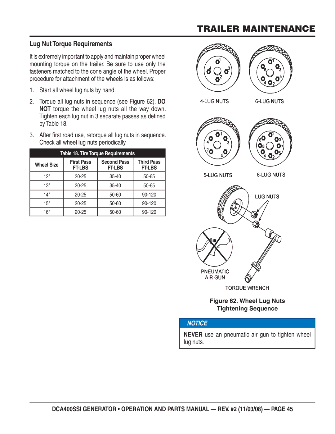 Multiquip DCA400SSI manual Lug Nut Torque Requirements, Never use an pneumatic air gun to tighten wheel lug nuts 