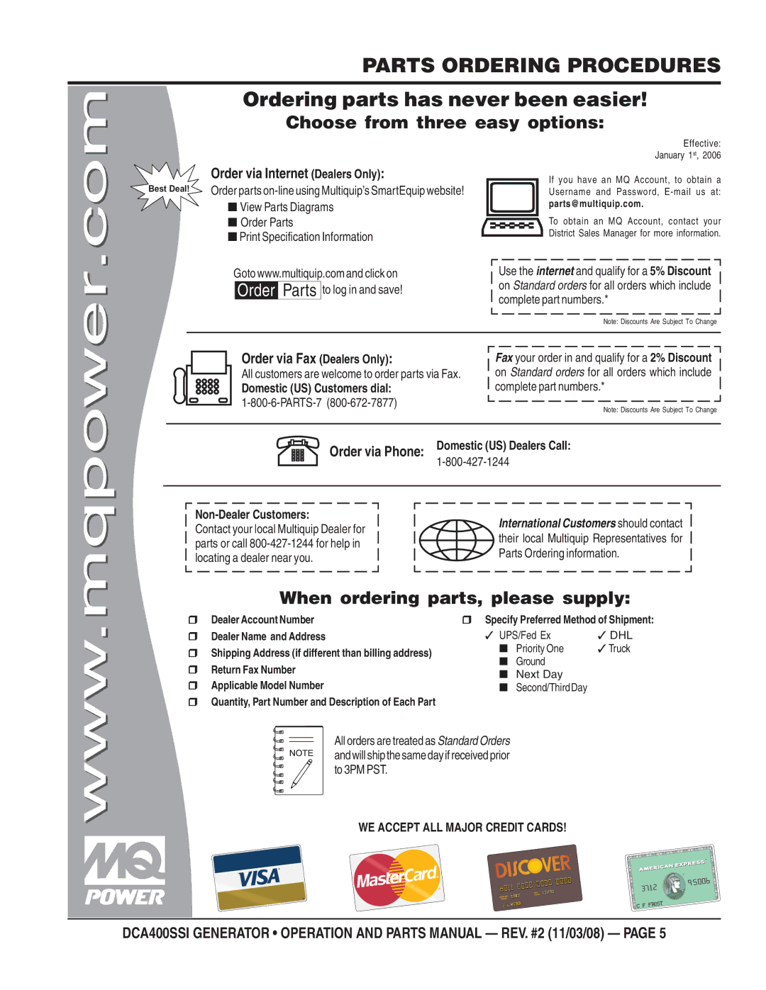 Multiquip DCA400SSI manual Parts Ordering Procedures, Ordering parts has never been easier 