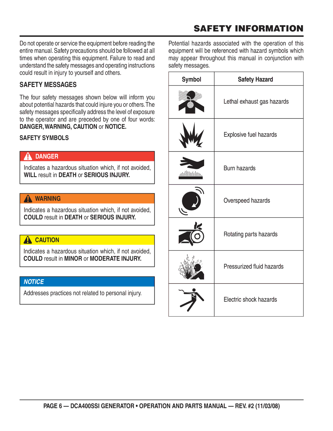 Multiquip DCA400SSI manual Safety Information, Safety Messages 