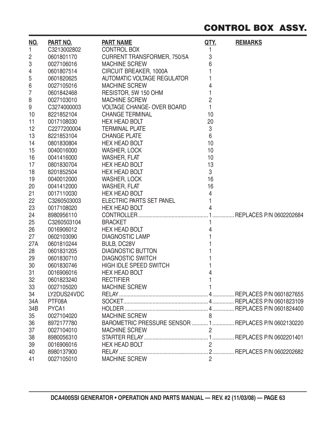 Multiquip DCA400SSI C3213002802, 0601801170, 0027106016, 0601807514, 0601820625, 0027105016, 0601842468, 0027103010, 34A 