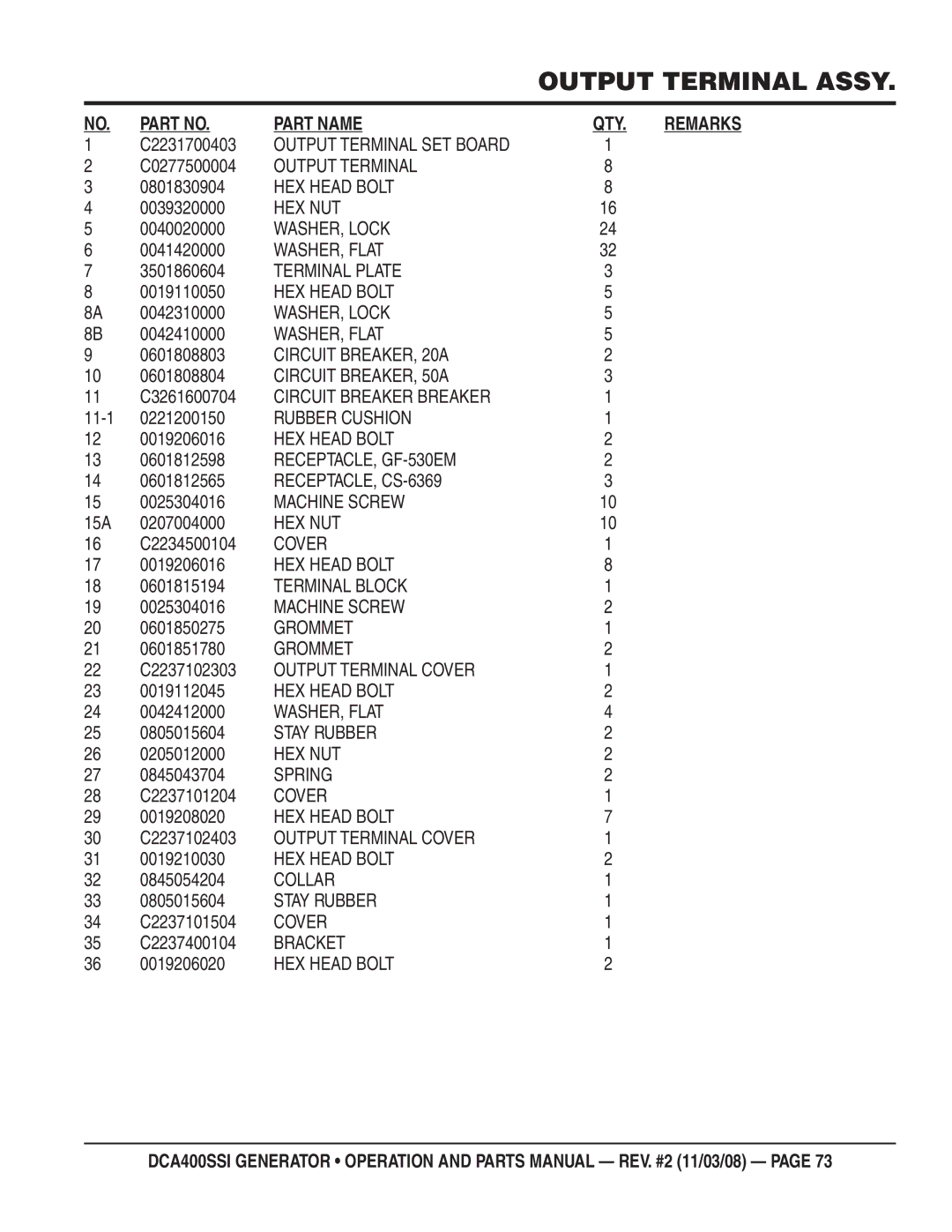 Multiquip DCA400SSI manual C2231700403, C0277500004, 0801830904, 0039320000, 0040020000, 0041420000, 3501860604, 0019110050 