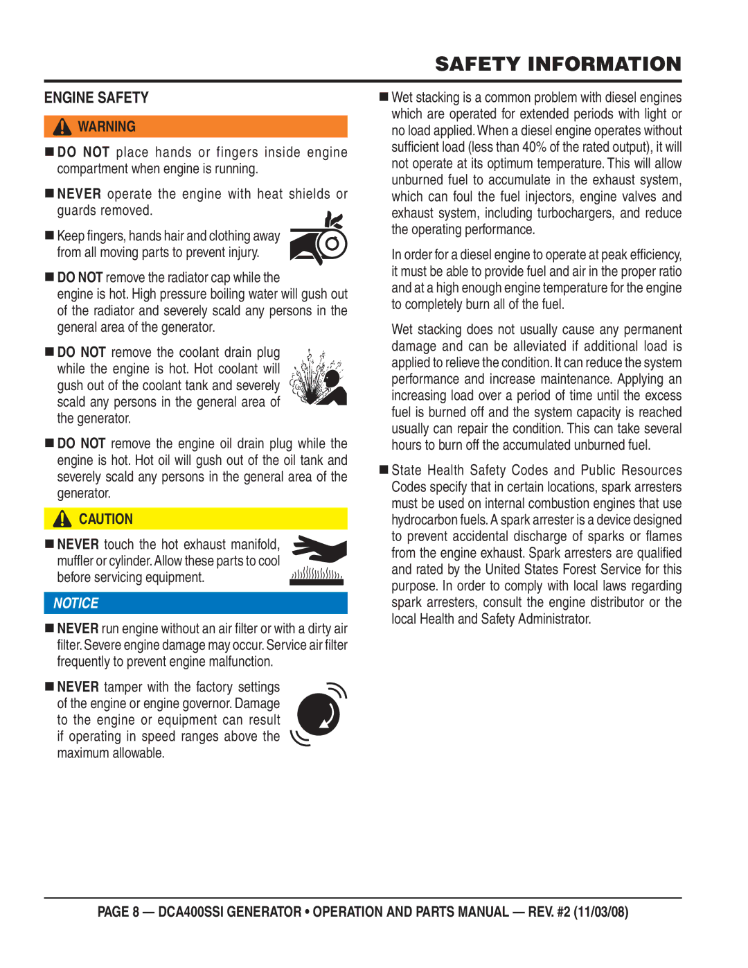 Multiquip DCA400SSI manual Engine Safety, Before servicing equipment 