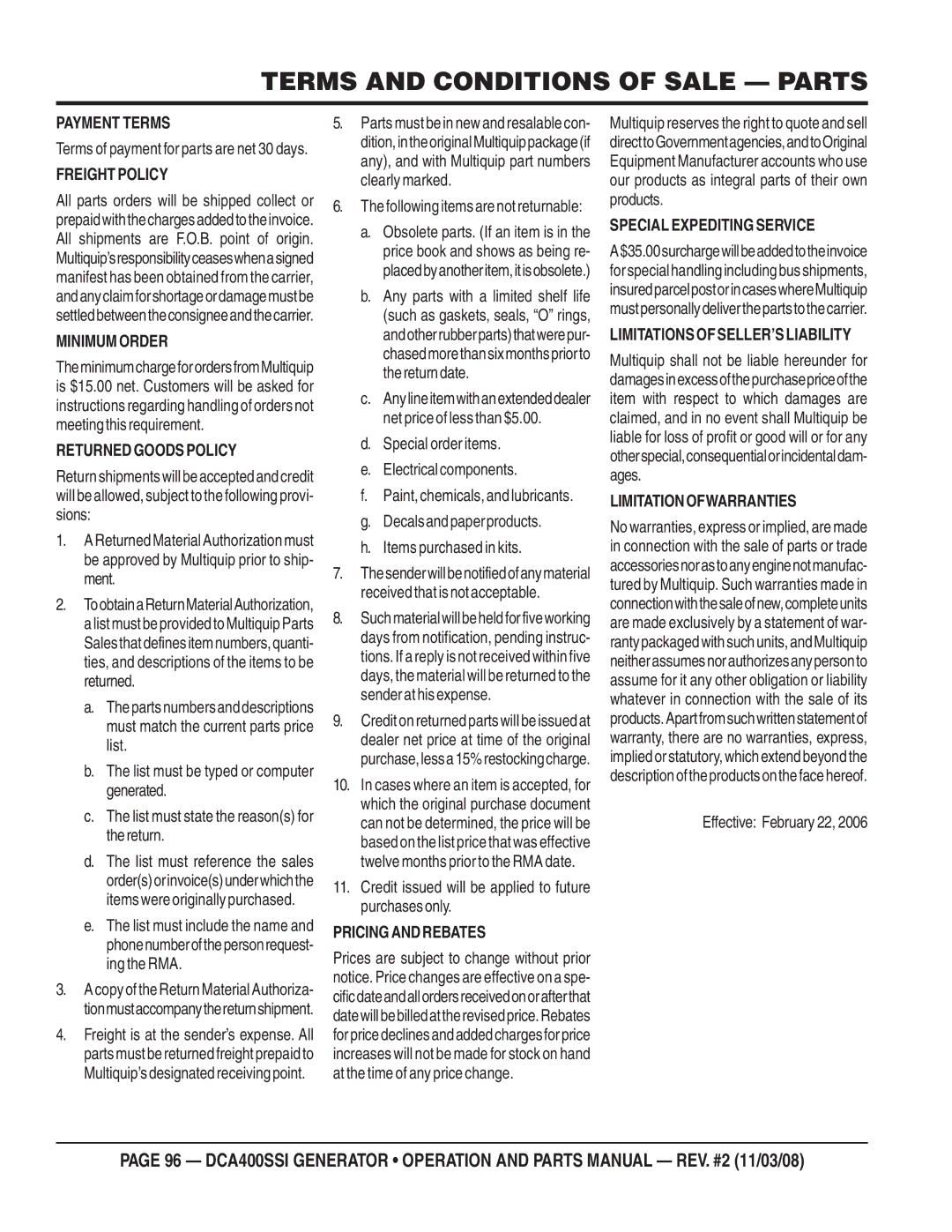 Multiquip DCA400SSI manual Terms and Conditions of Sale Parts, Freight Policy 