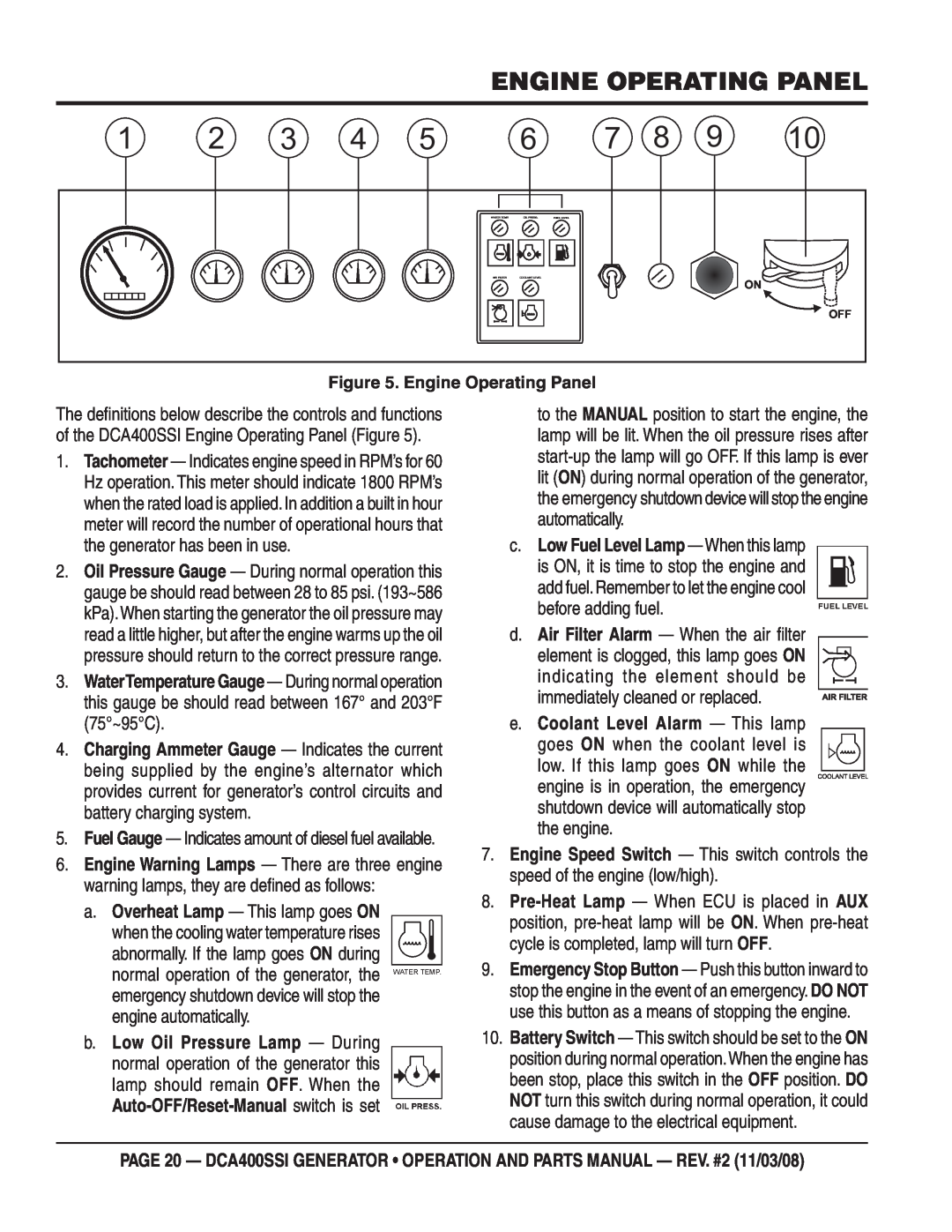 Multiquip DCA400SSI manual Engine Operating Panel, e.Coolant Level Alarm — This lamp 