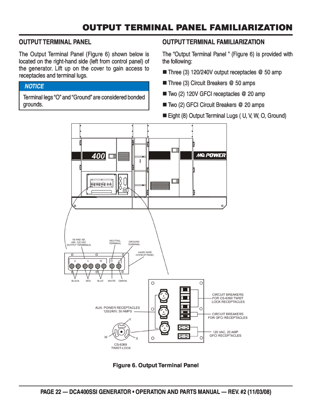 Multiquip DCA400SSI manual Output Terminal Panel Familiarization, Output Terminal Familiarization, Notice 