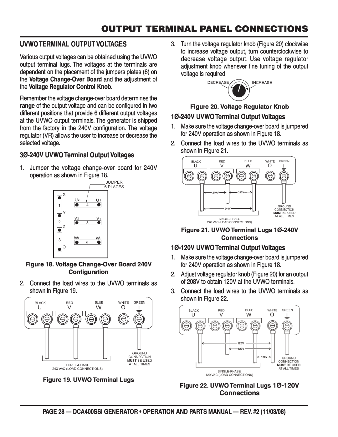 Multiquip DCA400SSI Output Terminal Panel Connections, Uvwo Terminal Output Voltages, 3Ø-240VUVWO Terminal Output Voltages 