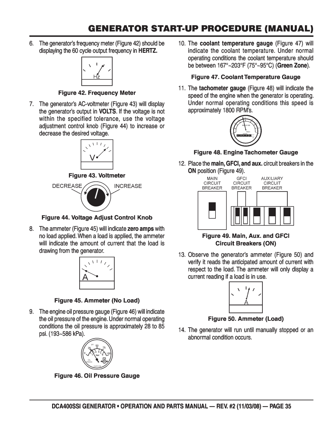Multiquip DCA400SSI manual Generator Start-Upprocedure Manual, Frequency Meter 