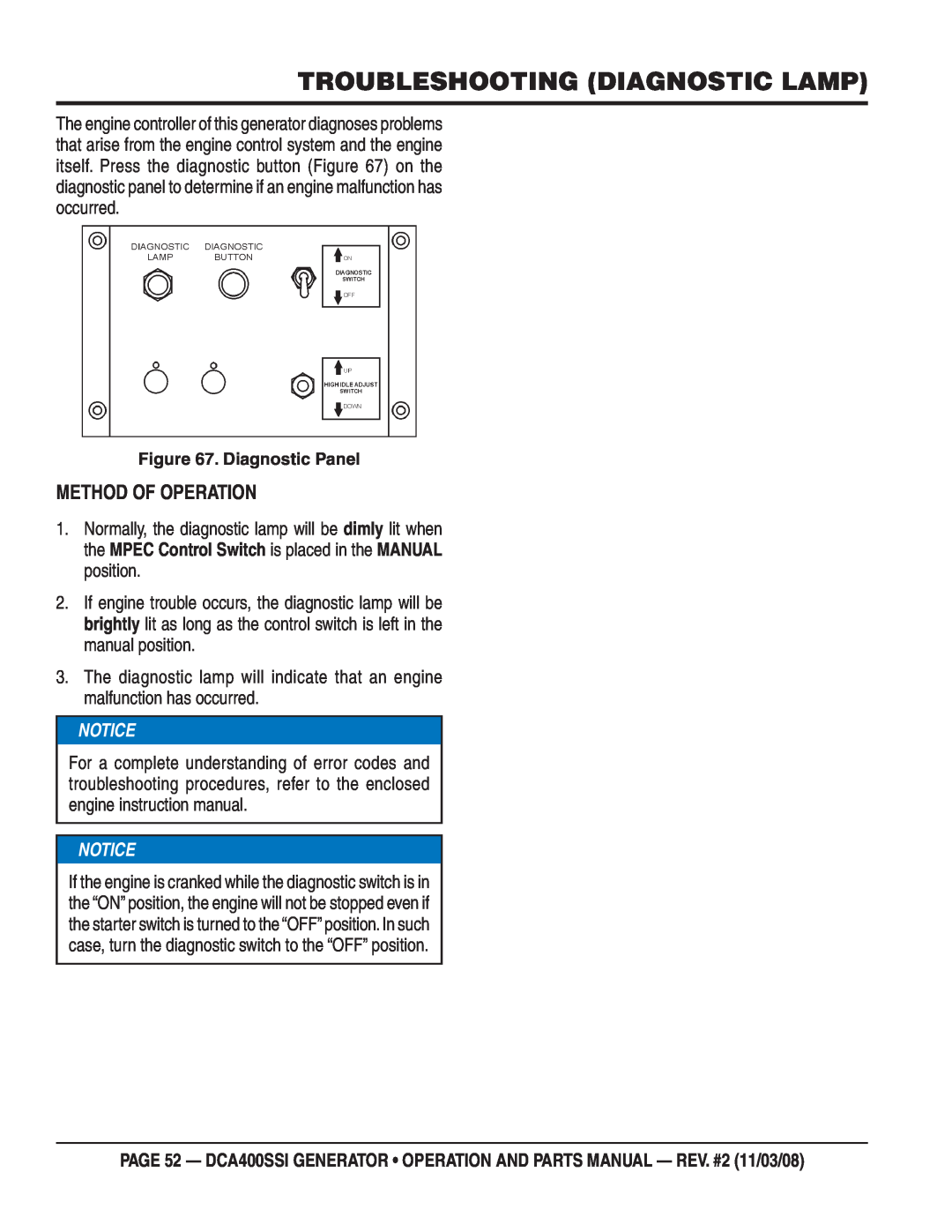 Multiquip DCA400SSI manual Troubleshooting Diagnostic Lamp, Method Of Operation, Notice 