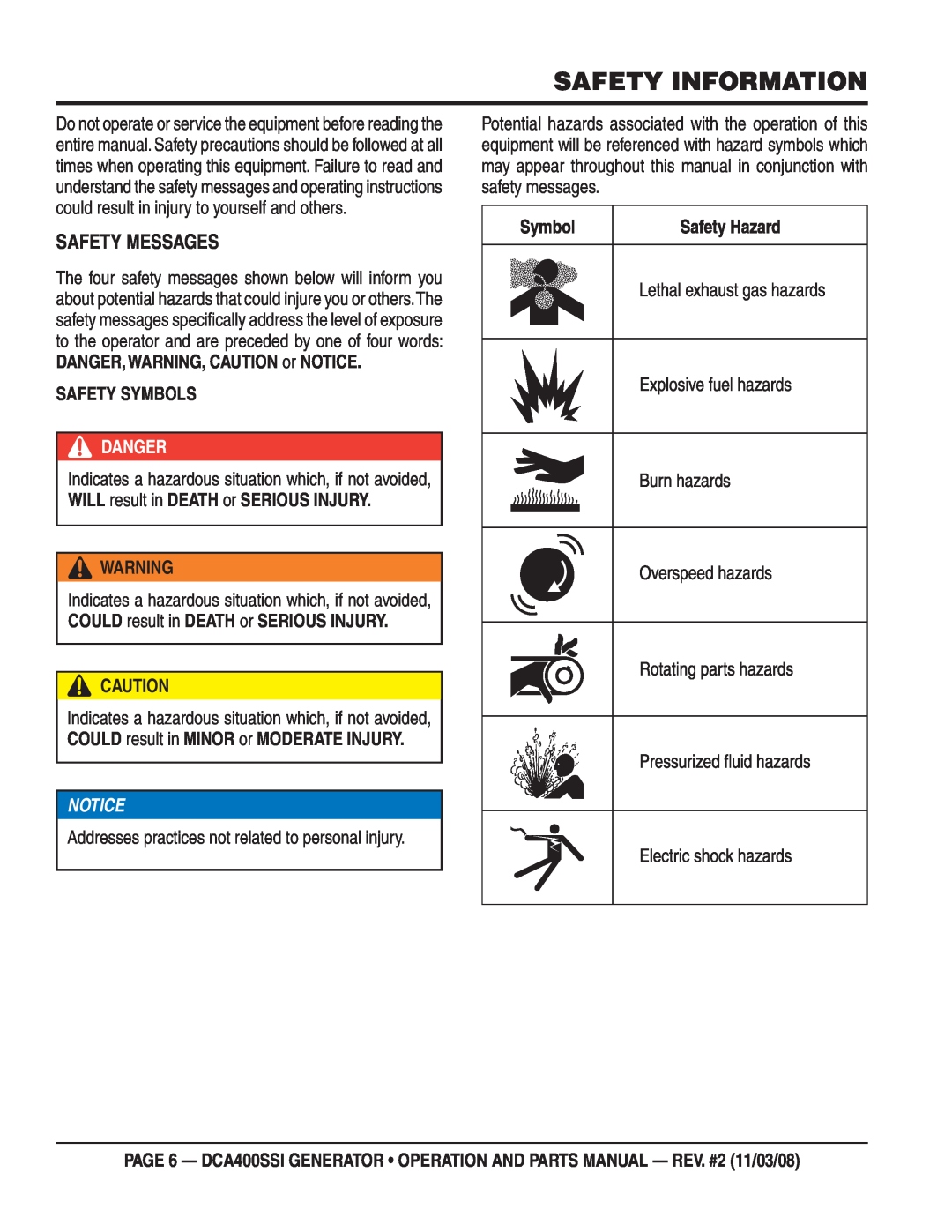 Multiquip DCA400SSI manual Safety Information, Safety Messages, Safety Symbols, Danger, Notice 