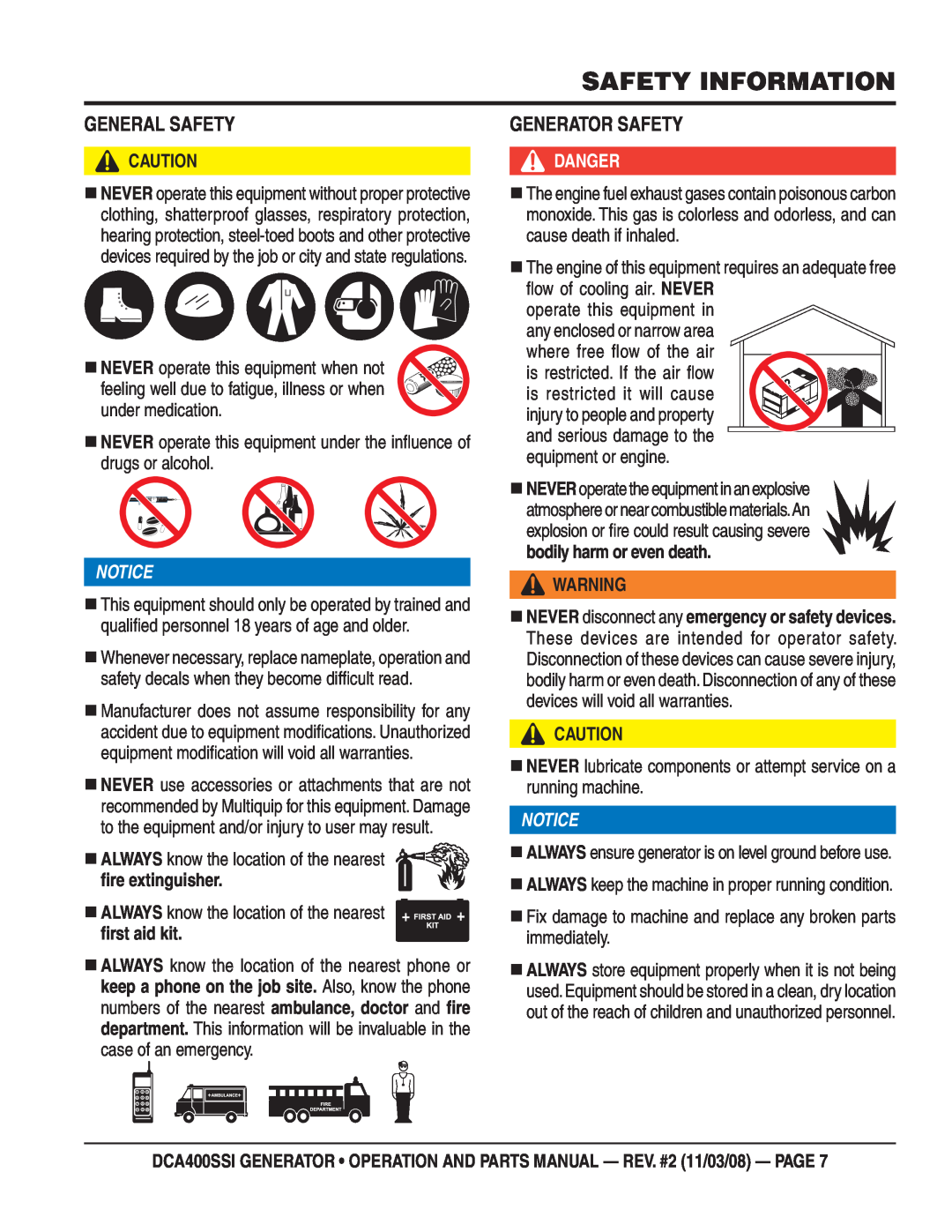 Multiquip DCA400SSI General Safety, Generator Safety, ﬁre extinguisher, ﬁrst aid kit, Safety Information, Notice, Danger 