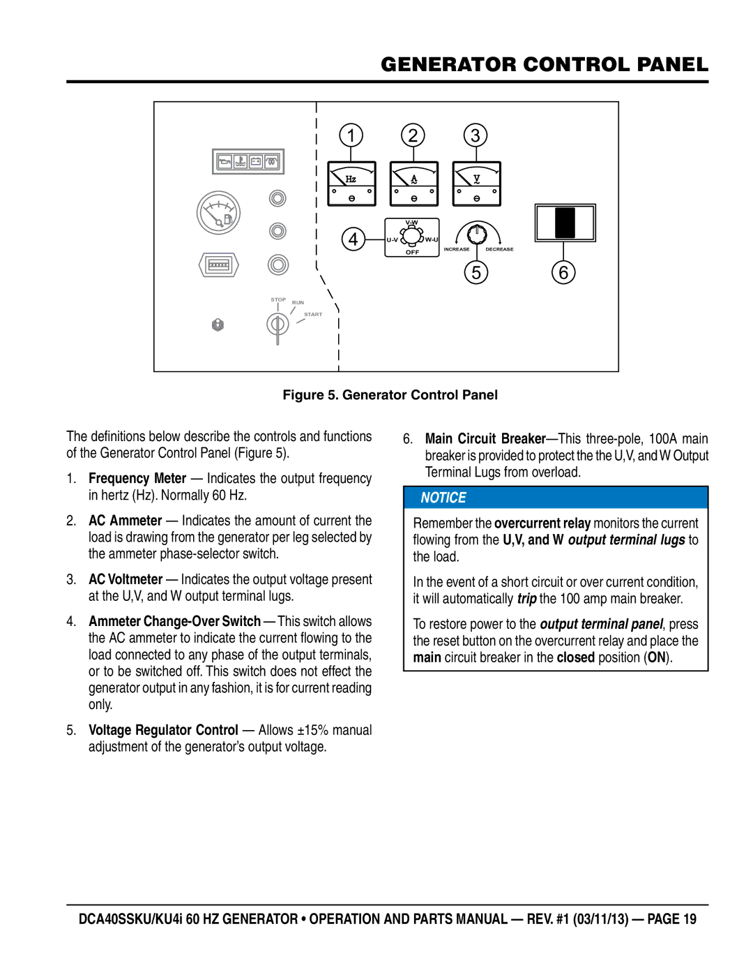 Multiquip DCA40SSKU4i manual Generator control Panel, Generator Control Panel 