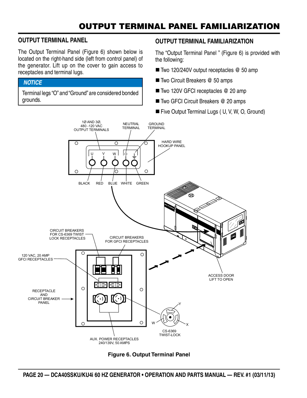 Multiquip DCA40SSKU4i manual Output Terminal Familiarization, Terminal legs O and Ground are considered bonded grounds 